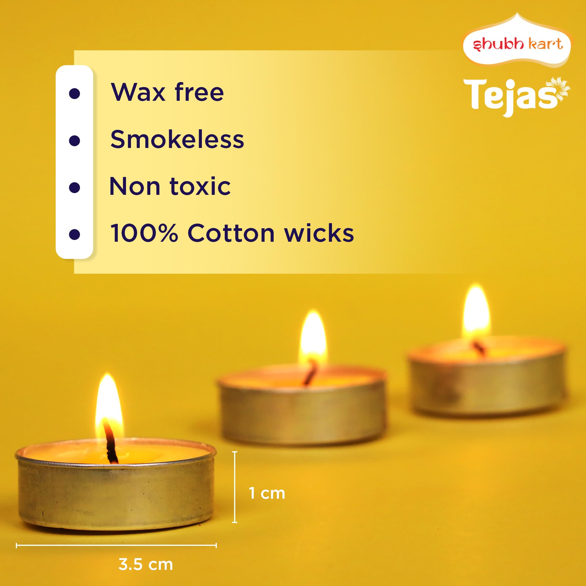 Shubhkart Tejas Puja Ghee T-Light Candles 50N | Non Toxic Smokeless & Wax Free Tea Light Candles Perfect For Home Decor, Prayers
